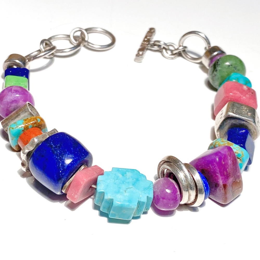 Harold Lujan Unsigned Bracelet w/ Sterling Hand Stamped Beads & Hand Cut Stones - Picture 4 of 16